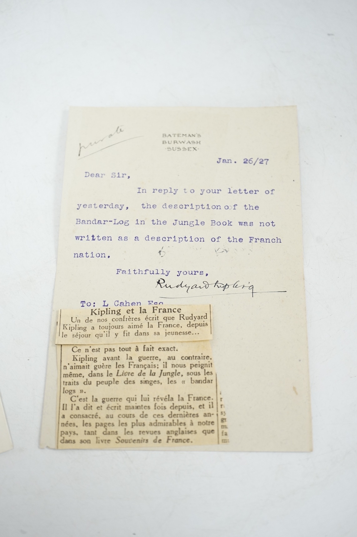 A Rudyard Kipling type written letter on Bateman’s, Burwash, Sussex headed notepaper, dated 26/27 January (1927), to L. Cahen Esq. with reference to the Jungle Book, reading